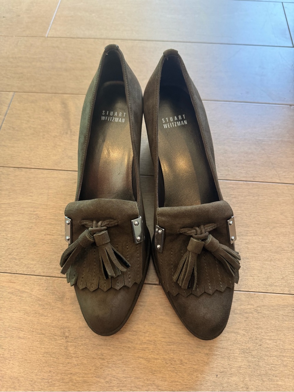 Stuart Weitzman Olive Suede Tassel Loafers with Metal Accents